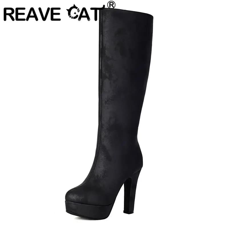 REAVE CAT 2026 Nuovi stivali alti al ginocchio sexy Punta tonda Tacchi alti 11,5 cm Piattaforma 2,8 cm Cerniera Party Daiting Stivaletti Big Size 42 43