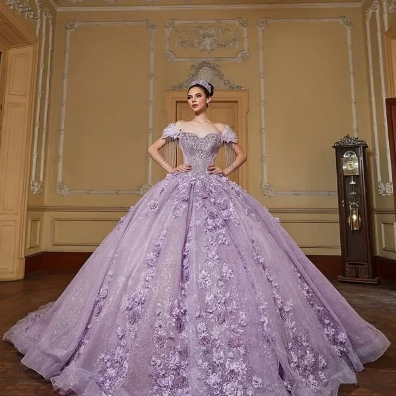 Abiti Quinceanera viola lucido personalizzati con spalle scoperte applique con paillettes perline di fiori 3D di cristallo Vestido De 15 Quinceanera