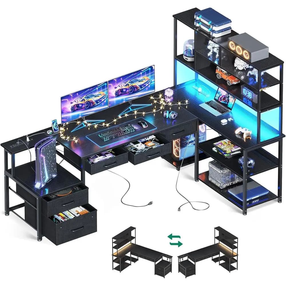 Scrivania a L da 79 pollici con 5 cassetti, illuminazione a LED, 2 prese, ripiani portaoggetti, scrivania nera per gaming/ufficio domestico