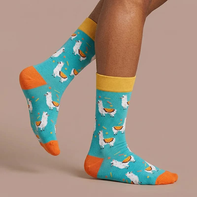 1 Pair, Unisex, Lake Blue Background with White Alpaca Pattern, Yellow and Orange Color-Blocking Heel and Toe, Polyester, Breathable, Fun, Mid-Calf Socks, Suitable for Everyday Wear