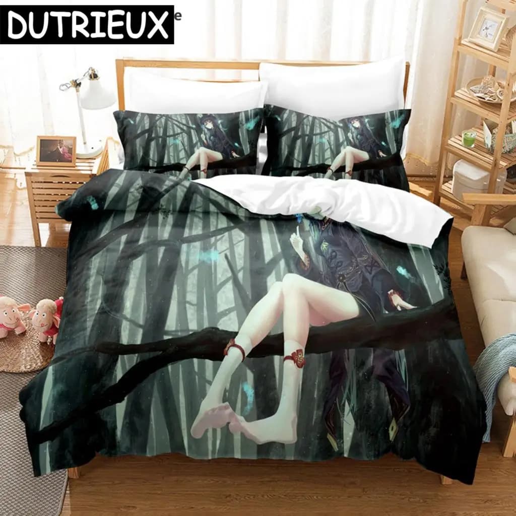 Hu Tao Genshin Impact Gioco 3D Copripiumino Set di biancheria da letto Trapunte Federe in lino Decorazioni per la casa Singolo Doppio Doppio King Queen