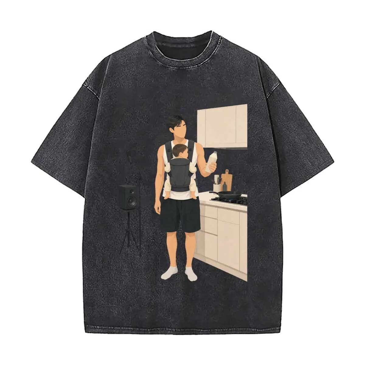Dad Baby Carrier Cooking Kitchen Microphone Speaker Illustration Vintage Distressed Loose Streetwear Tops for Campus Days
