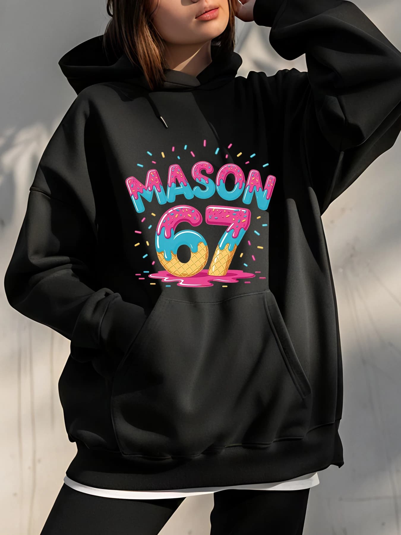 Hoodie Mason 67 sweatshirt with colorful candy print Casual Streetwear Fashion unisex Woman Outfit