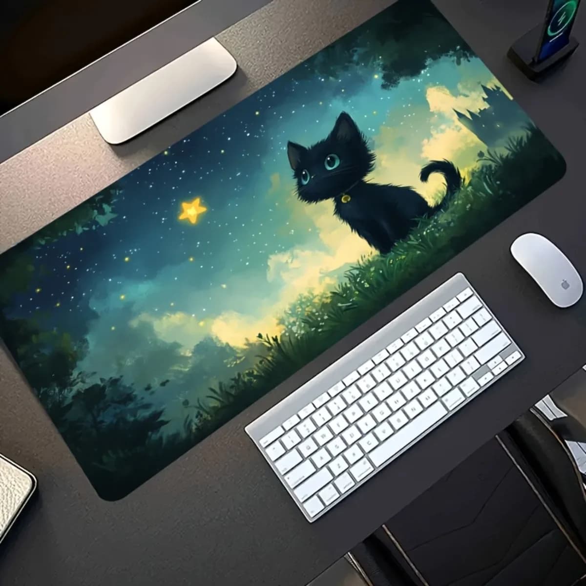 Black Cat Starry Sky Gaming Mouse Pad Rubber Non-Slip Washable Desk Mat for Office Computer Desktop Decor