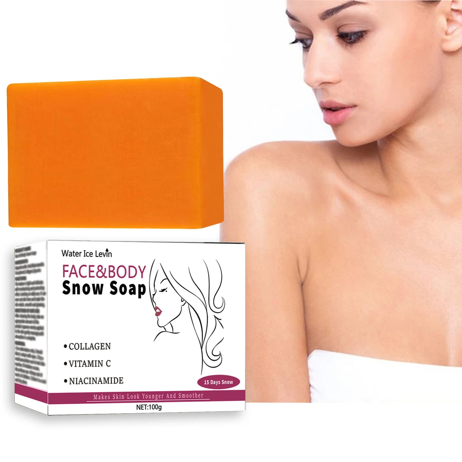Snow soap Face Body All skin Collagen Vitamin C Niacinamide. 43-day skin transformation. Light, Soften, Leviga.