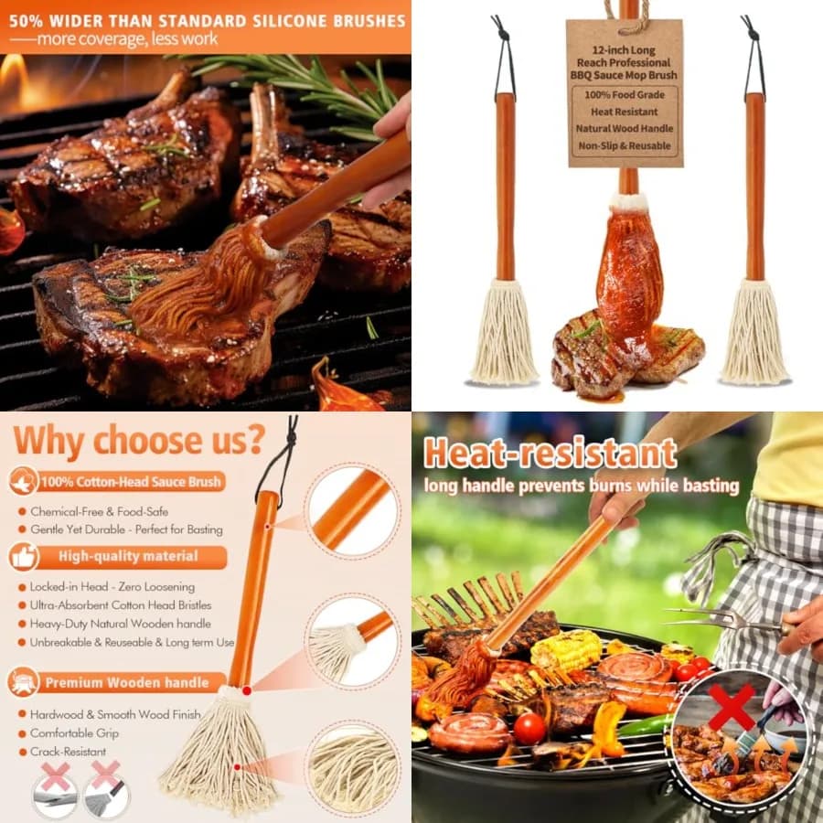 Pennelli per arrostire o grigliare, per applicare barbecue, marinata o glassa, con testa in fibra di cotone e manico in legno duro, stile mocio per piatti, P