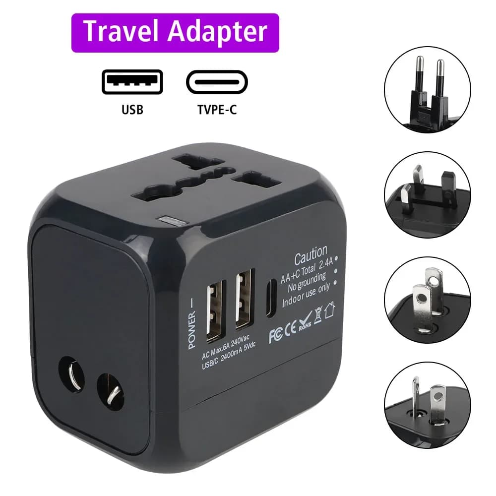 Universal all-in-one travel adapter with 2 USB and 1 Type C - Includes US, EU, UK, AU for international travel