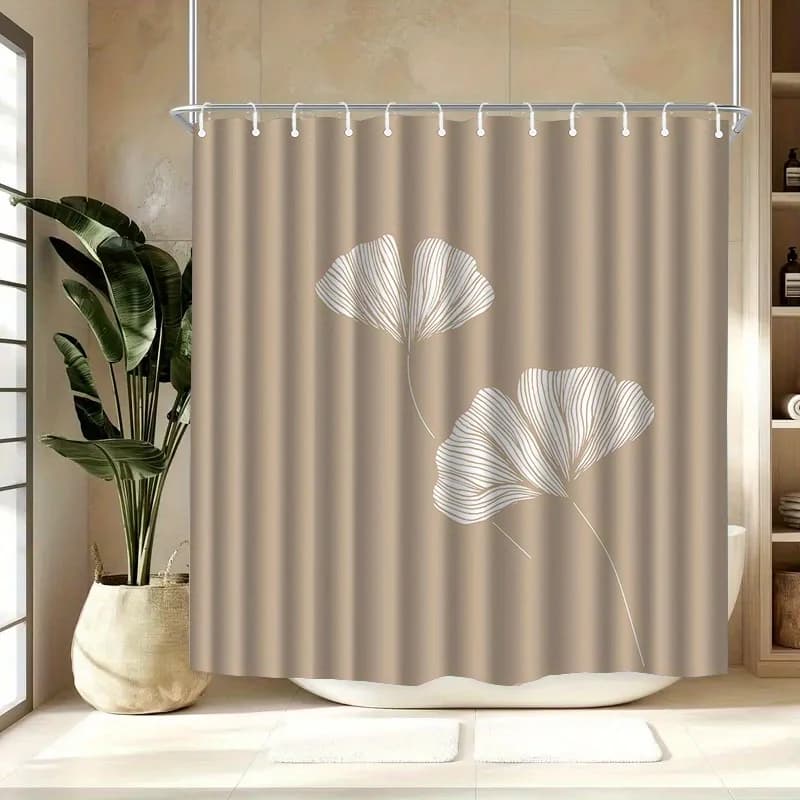 1 tenda da doccia con motivo foglie di Ginkgo, tessuto in poliestere, lavabile in lavatrice, con ganci, adatta per l'arredamento del bagno.