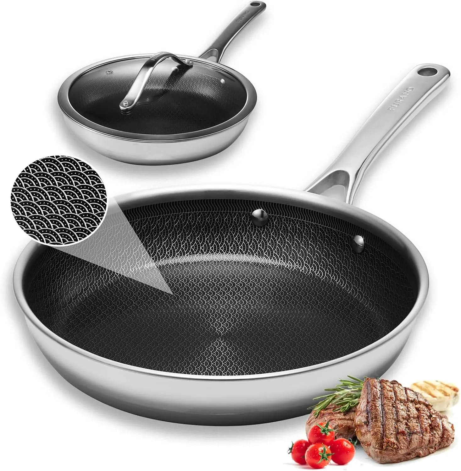 Padelle antiaderenti con coperchio, set di padelle in acciaio inossidabile da 10 pollici con padella ibrida in ceramica e acciaio inossidabile, compatibili con l'induzione.