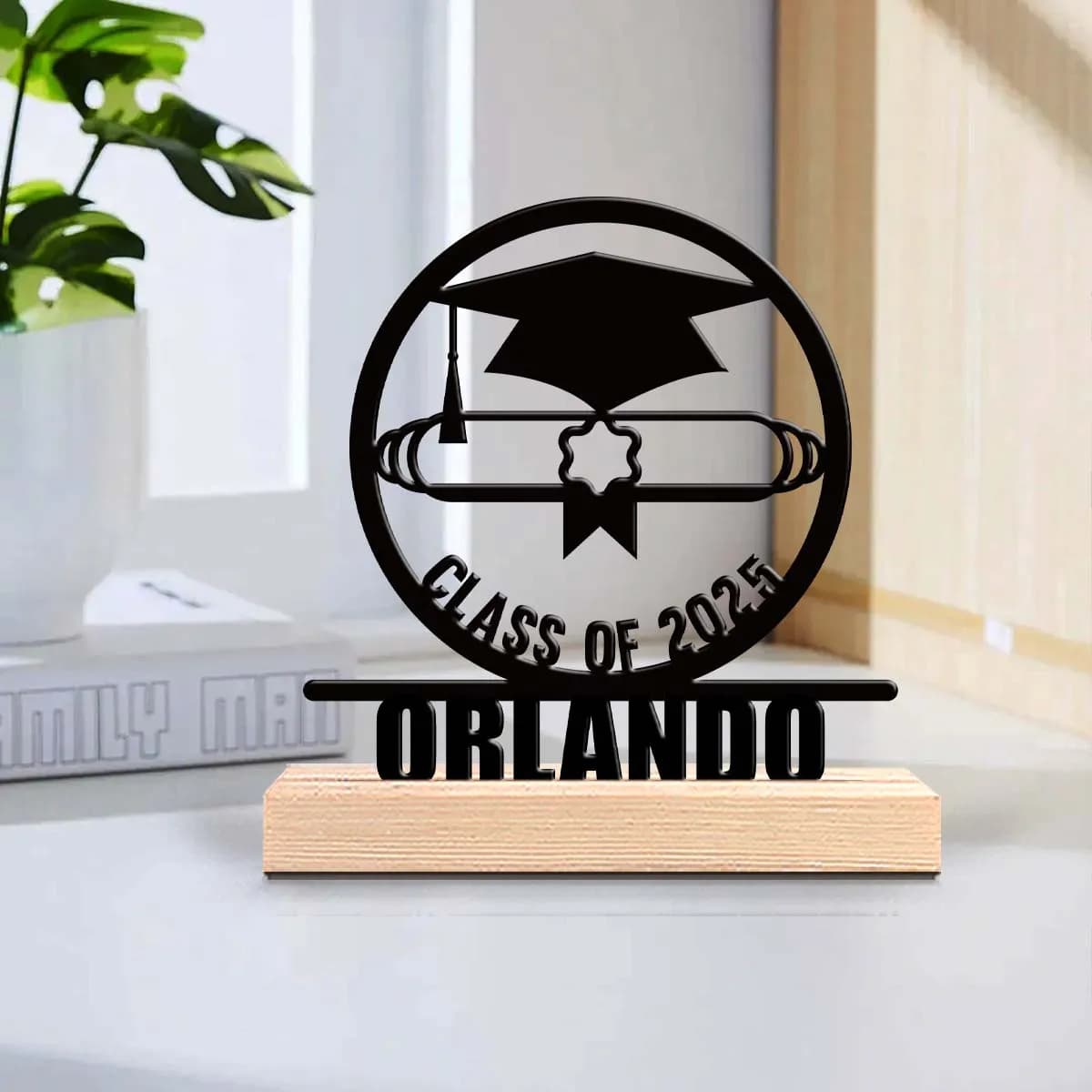 1pc Personalized Iron Desktop Ornament Customizable Content Equipped with Wooden Base Perfect for Home or Office Decoration