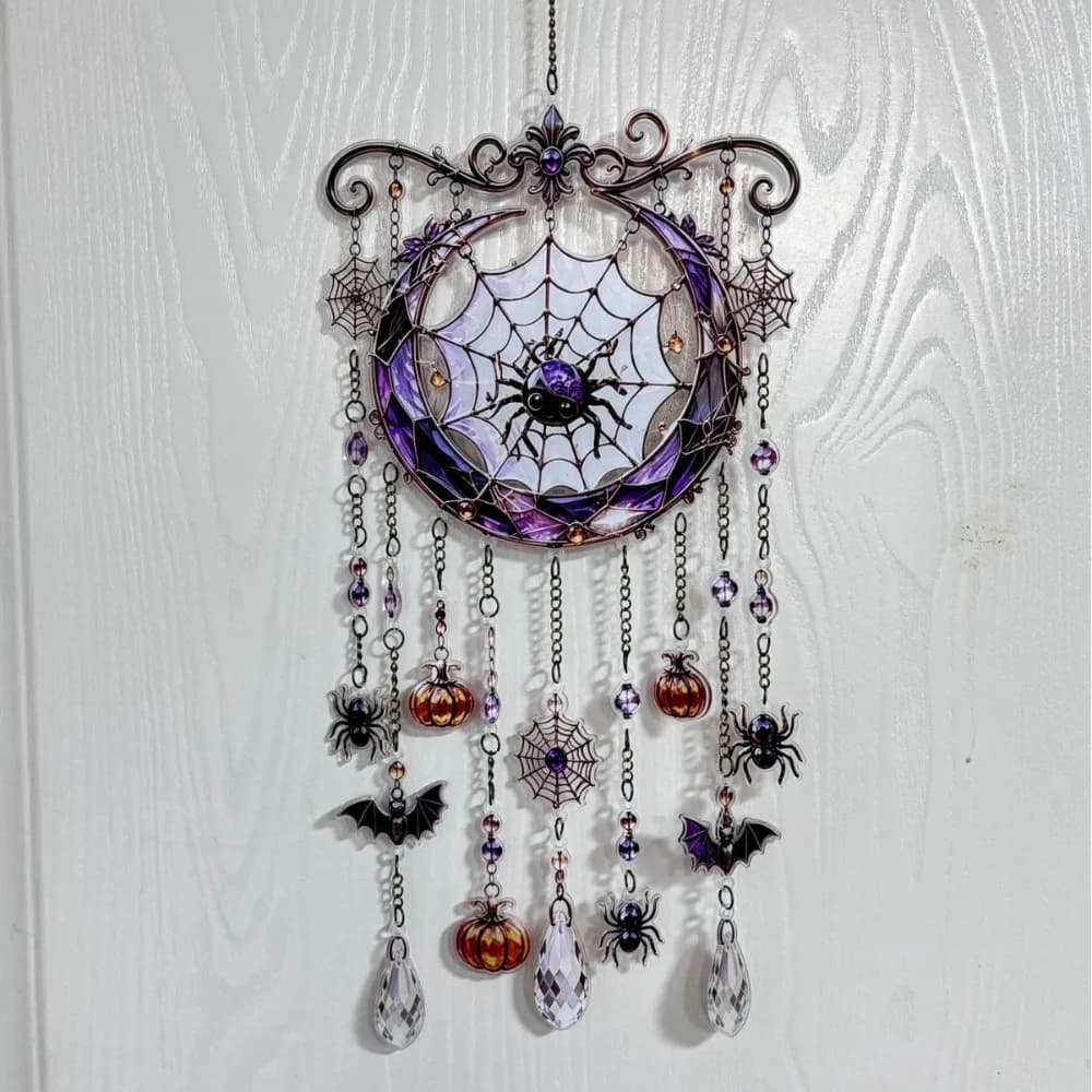 Halloween Themed Crystal Wind Chime Dangling Strands Hanging Chain Glass Suncatcher Faceted Teardrops Stained Glass