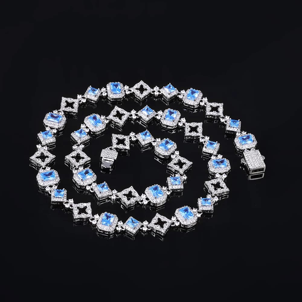 HHIOK New 11MM Blue Gemstone Cuban Necklace Iced 5A Cubic Zirconia Sparkling Hollow Out Star Hip Hop Style Jewelry Necklace