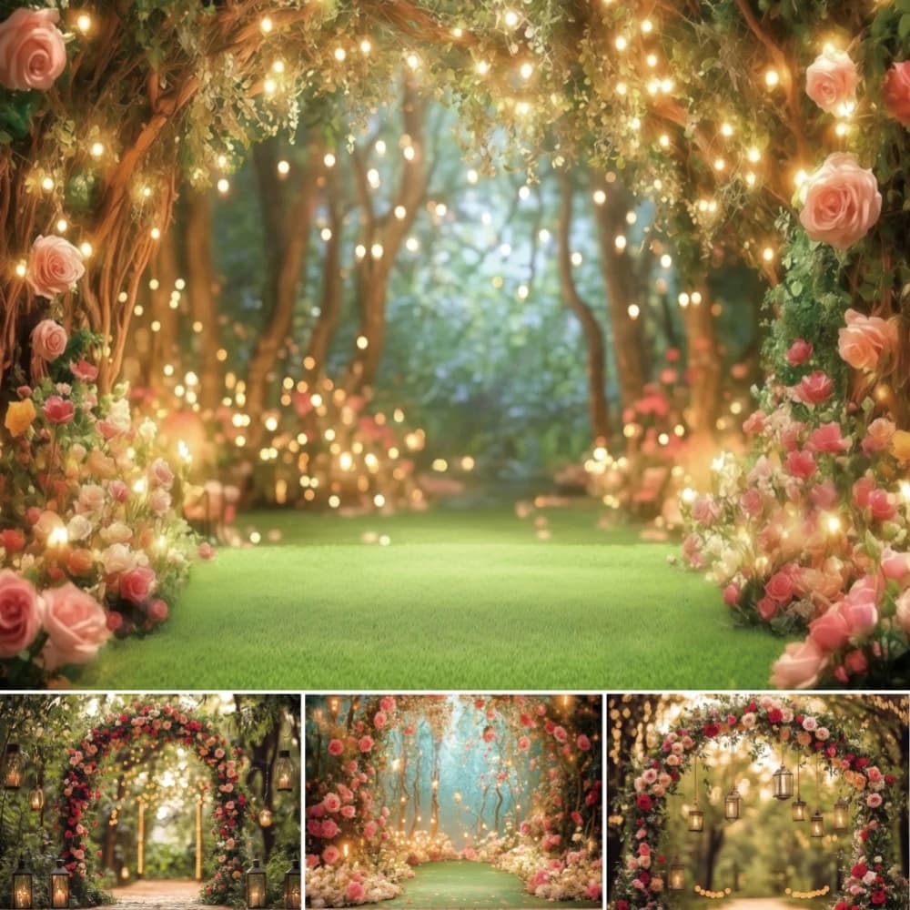 Romantic Dreamy Photo Shoot Backdrop Spring Forest Fairy Lights Floral Green Wedding Proposal Ceremony Photography Background