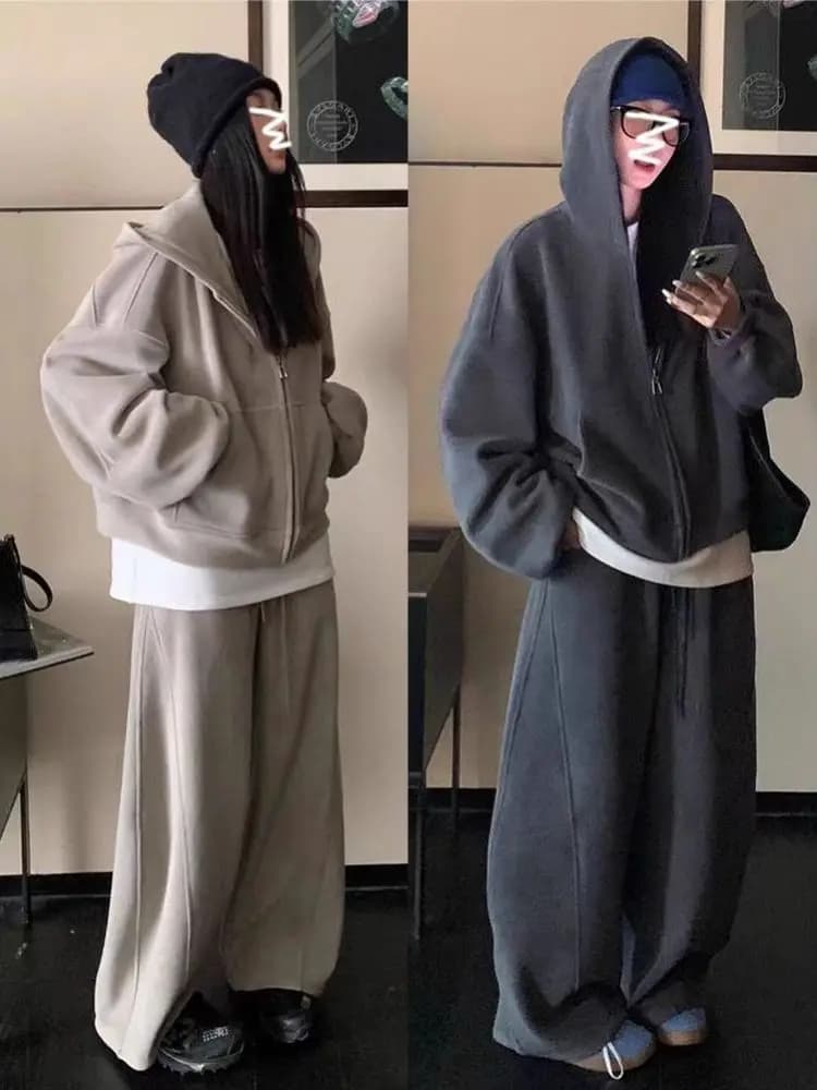 Korean Lazy Style Women's Sportswear Set Autumn Winter Thickened Fleece Hoodie Wide Leg Pants Two Piece Casual Outfit