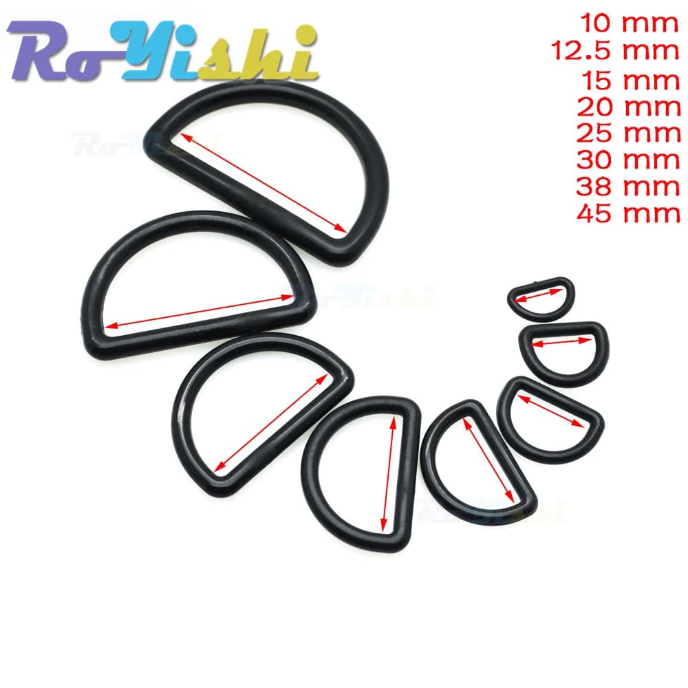 10 pz/pacco plastica D-ring fibbie tessitura dimensioni 10mm 12mm 15mm 20mm 25mm 30mm 38mm 45mm nero