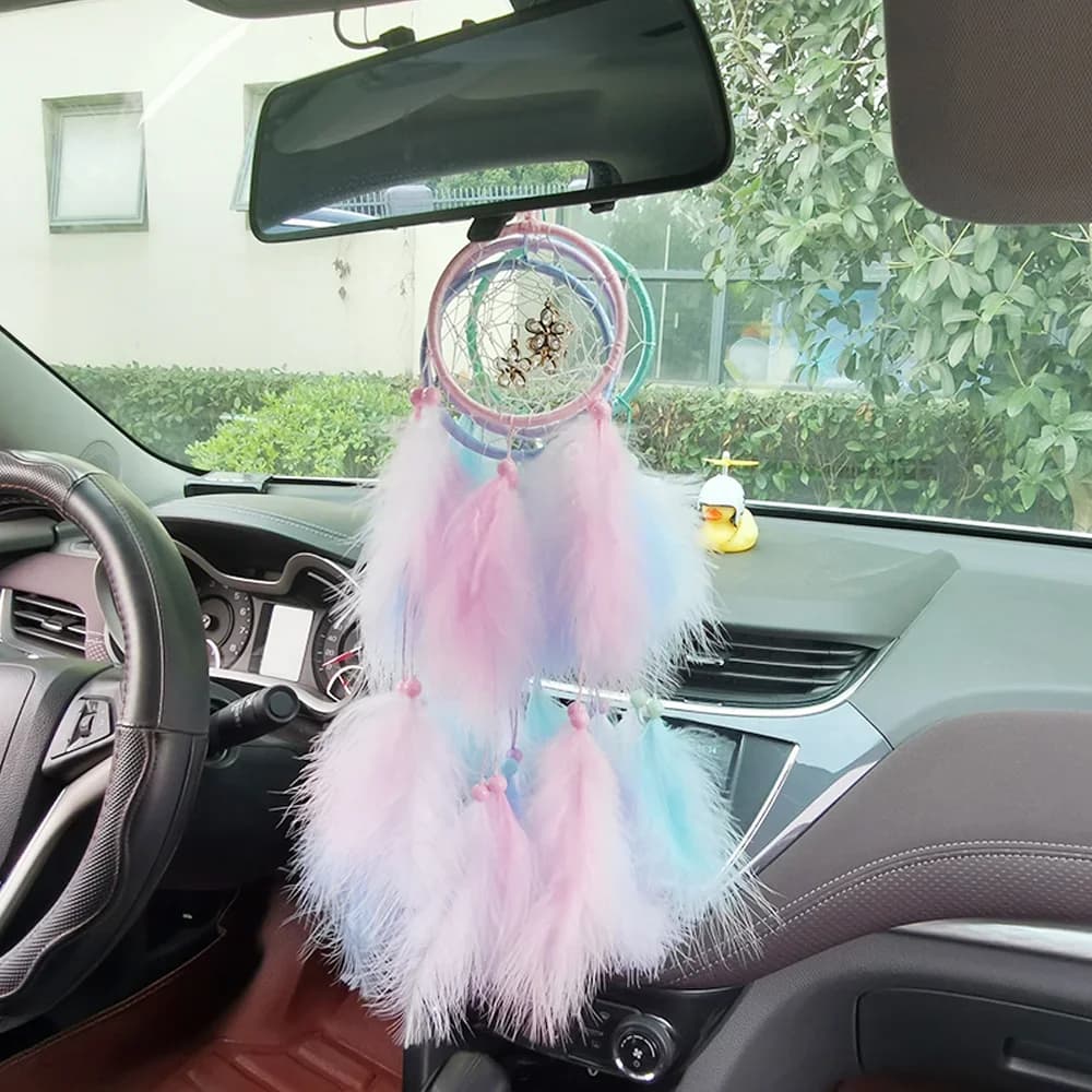 1PC Girl Heart Dream Catcher Car Feather Decoration Pendant Auto Parts Interior