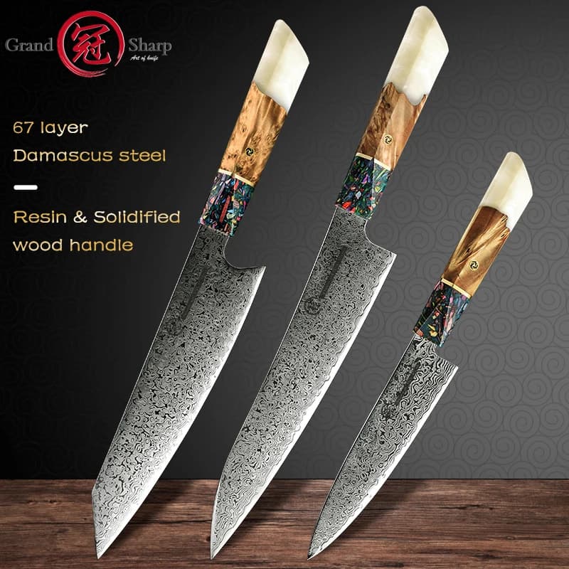 1-3 pezzi set di coltelli da cucina in acciaio damasco giapponese AUS-10 acciaio Chef Utility coltelli Kiritsuke strumenti per affettare la carne Grandsharp