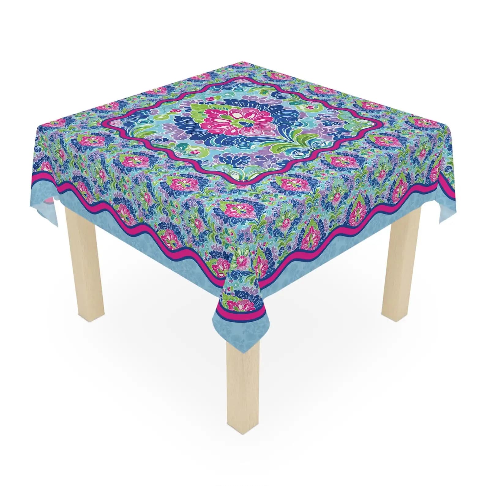 Blue Mahjong Charleston Rules Square Tablecloth - Bright Damask Instructional Game Mat Dining Cover