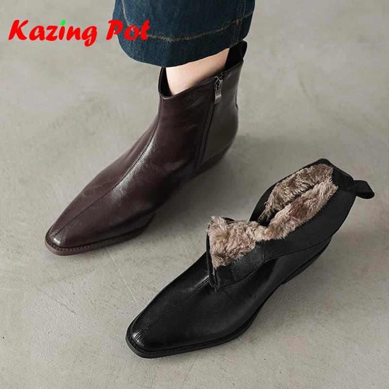 Krazing Pot Cow Skin Wool Blend Round Toe Med Heels Modern Snow Boots Keep Warm Winter Shoes Elegant Beauty Brand Ankle Boots