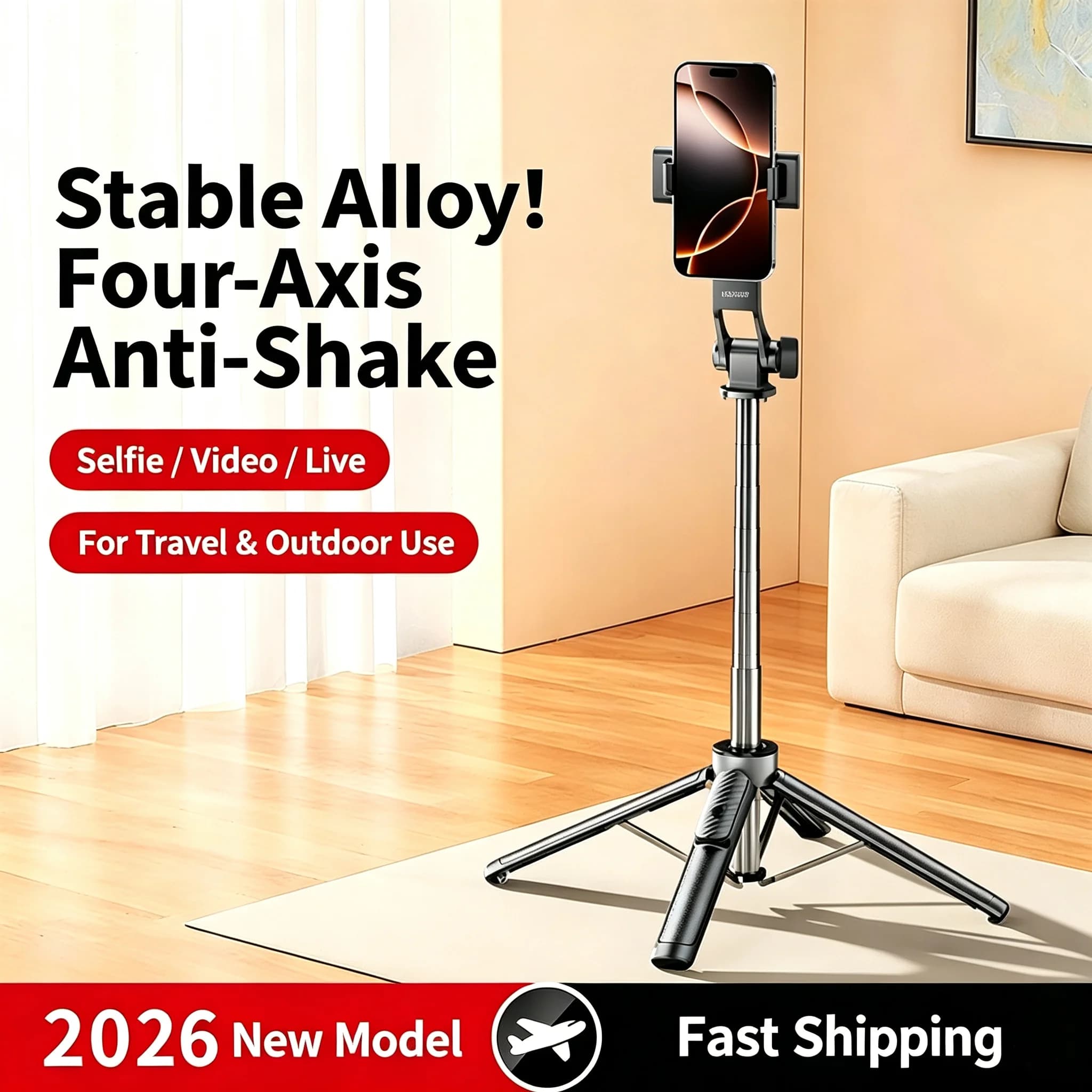 Selfie stick with tripod, portable travel phone holder for taking photos, 360-degree rotation, handheld stabilizer, Bluetooth, v
