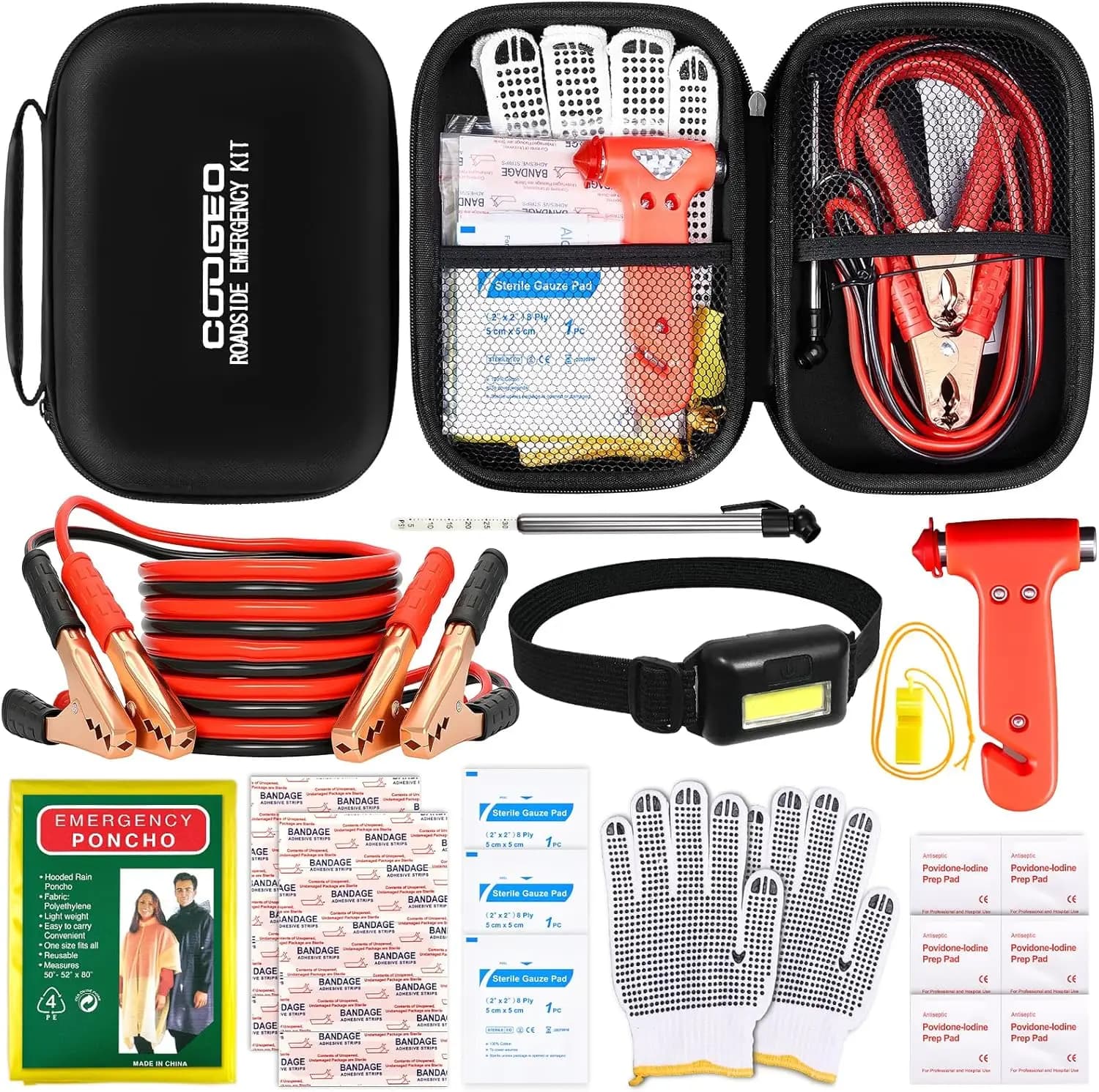 Kit per auto di emergenza su strada da 10 pezzi con cavi jumper, martello di sicurezza, faro, guanti, pronto soccorso per tutti