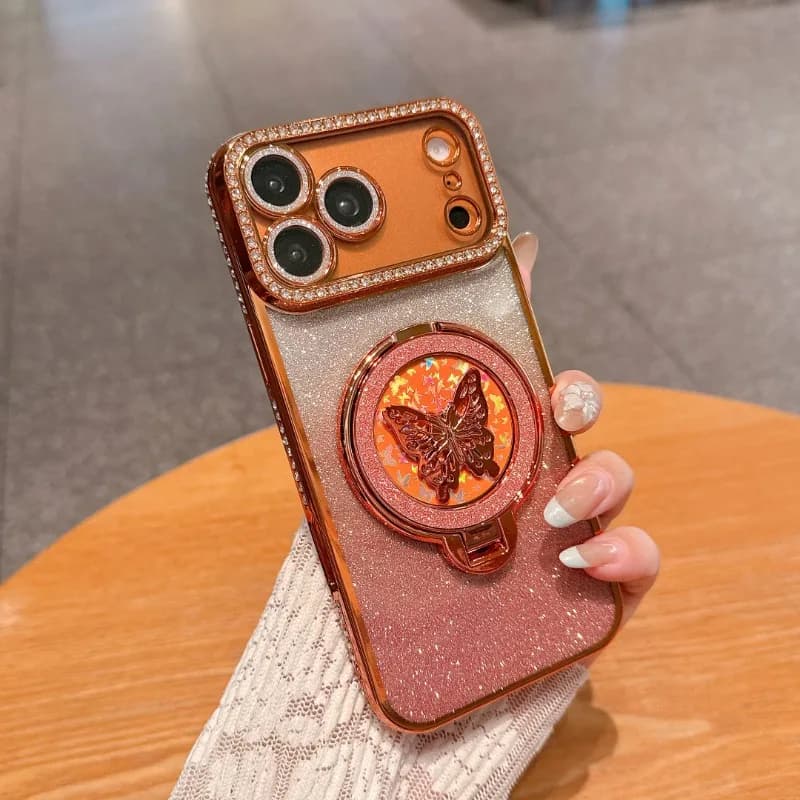 360 Rotating Magnetic Kickstand Bling Butterfly Case For iPhone 17 16 15 14 13 18 Pro max Shockproof For Magsafe Slim Cover