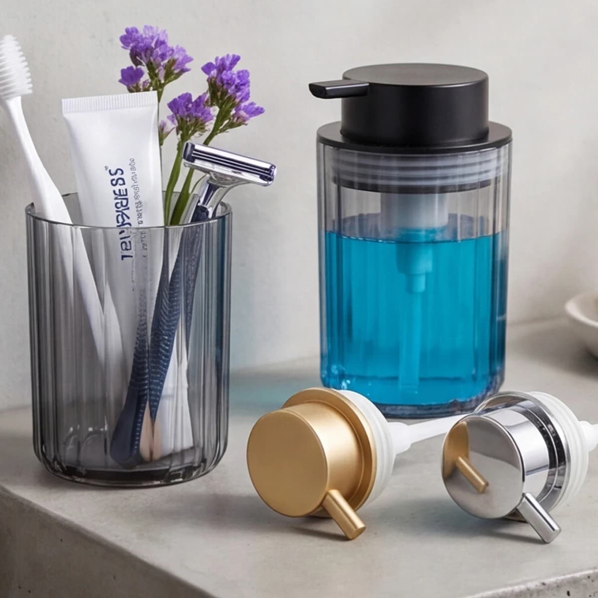 Elegant Bathroom Accessory Set, 2Pcs Foaming Hand Soap Dispenser & Toothbrush Holder, Vanity Organizer for Home Kitchen Decor