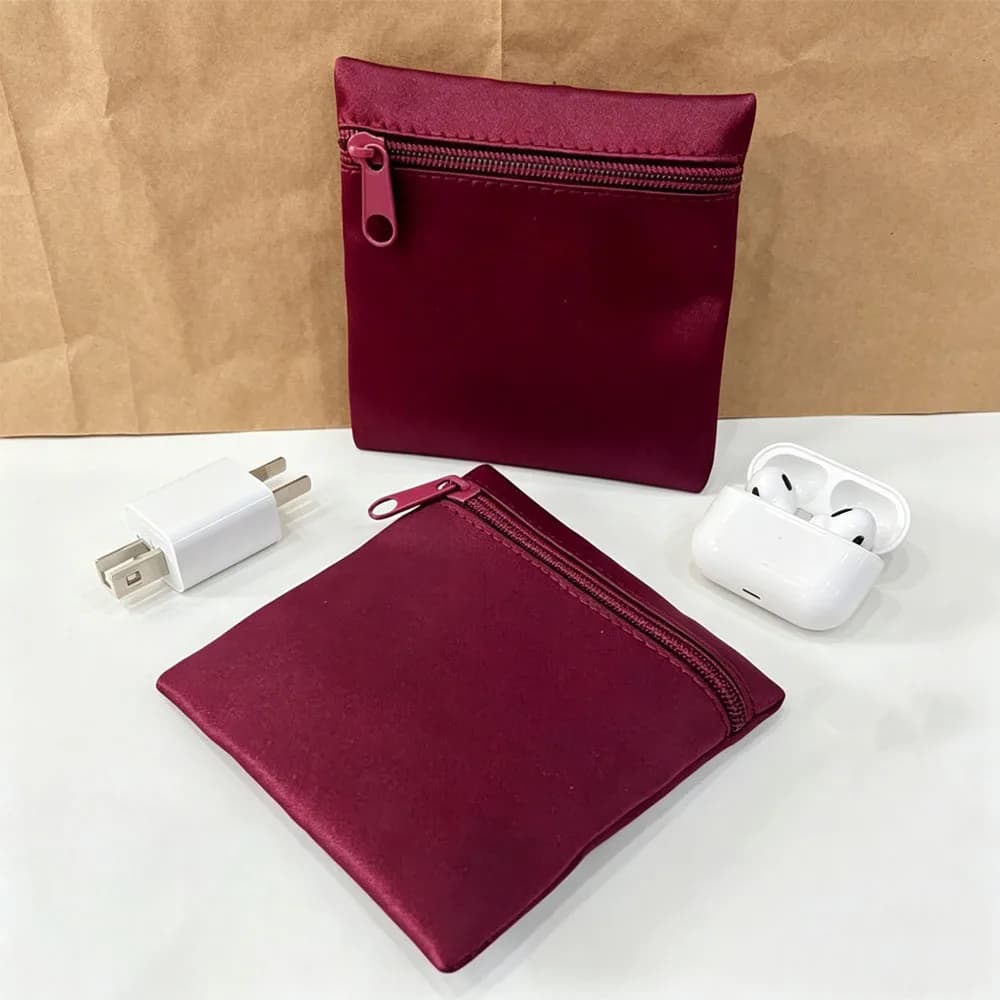50/100pcs 8x8cm 9x9cm Trinkets Red Wine Silk Satin Zipper Pouch Glossy Smooth Touch Jewelry Storage Bag Charger Badge Bracelet
