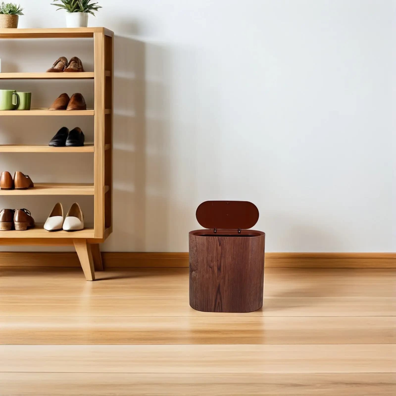 Cestino per Rifiuti Stretto e Piccolo con Coperchio Effetto Legno per Bagno, Cucina, Ufficio, Casa - Cestino Sottile in Plastica