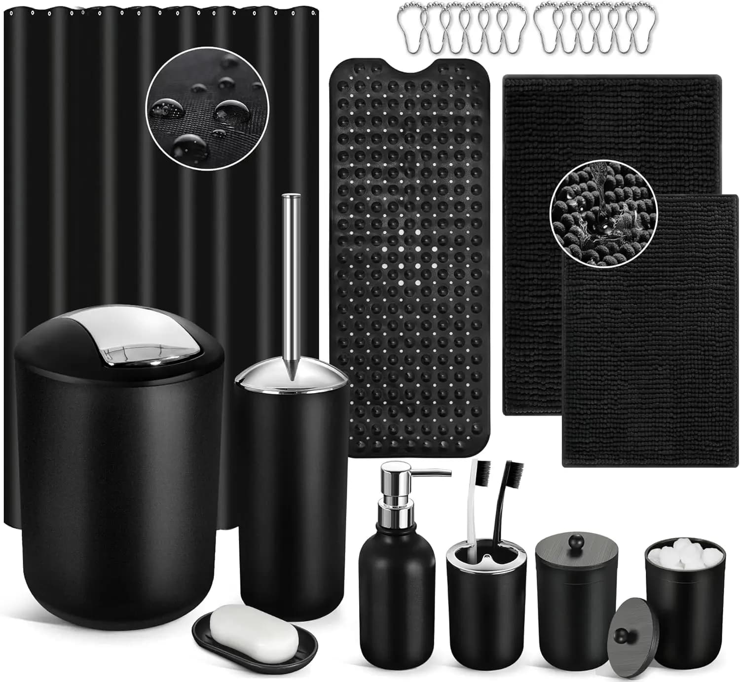 Set di accessori da bagno da 23 pezzi con tappetino per vasca, tenda da doccia, dispenser per sapone, portaspazzolino e altro ancora