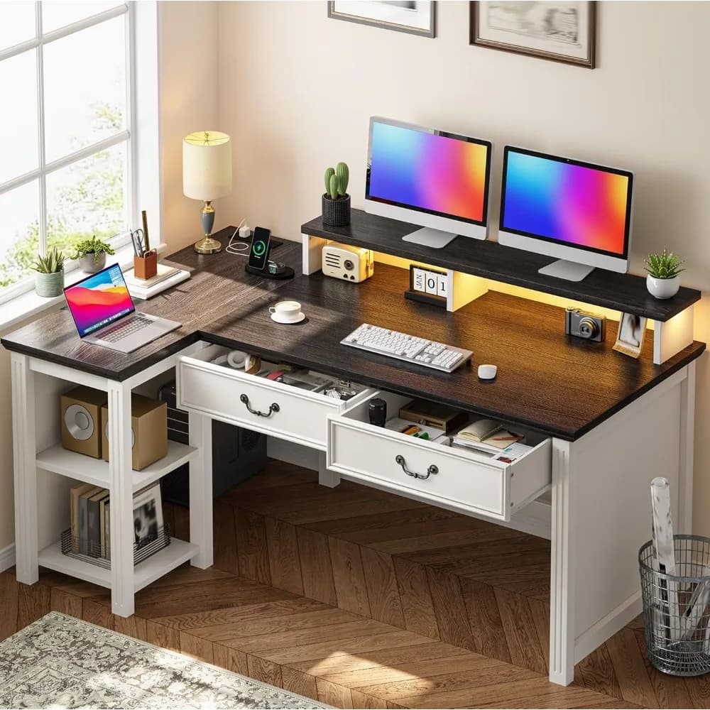 55 inch L-shaped farm desk with storage drawers and monitor support for home office and bedroom