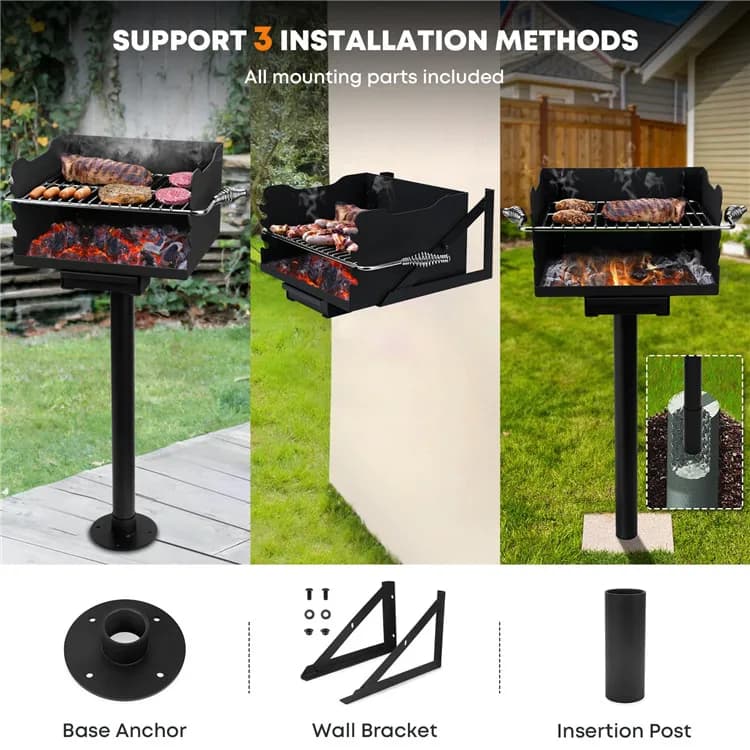 3 Installation Methods Heavy Duty Hanging Barbecue Grill Park Style Pedestal Charcoal Bbq Grill in Ground