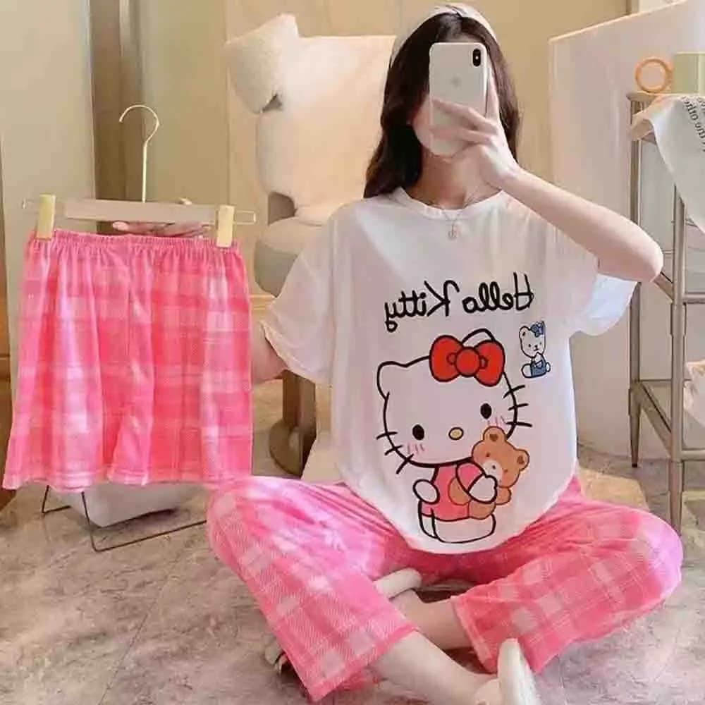 Hello Kitty Women's New 3-Piece Pajama Home Clothes Kawaii Cartoon Casual Women's Fashion Comfortable Home Clothes Pajama Set