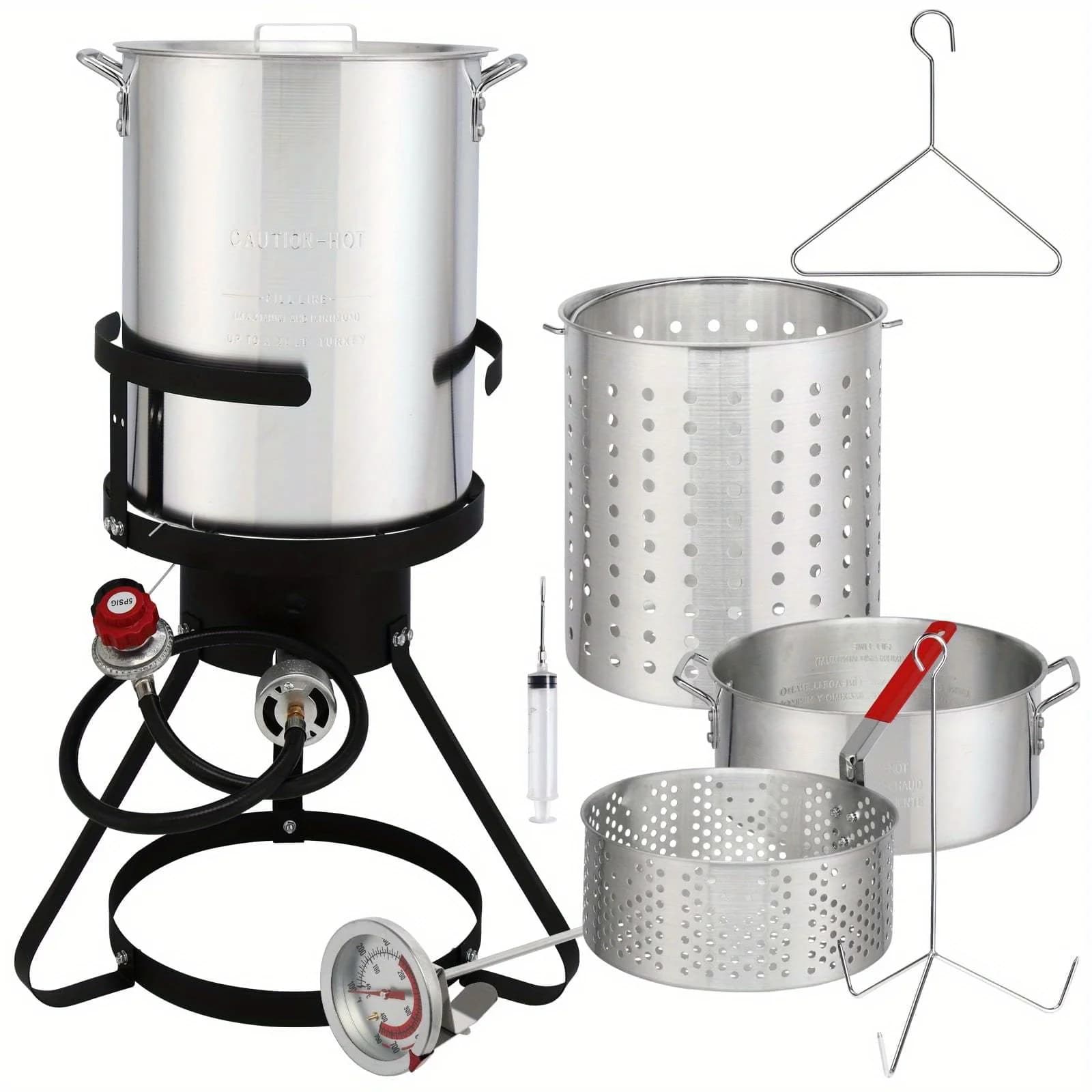 Set friggitrice per tacchino e pesce da 18QT/30QT/50QT, pentola resistente in alluminio argentato con supporto per bruciatore in ferro nero, ideale per la frittura a gas, perfetta per il Ringraziamento e riunioni di famiglia