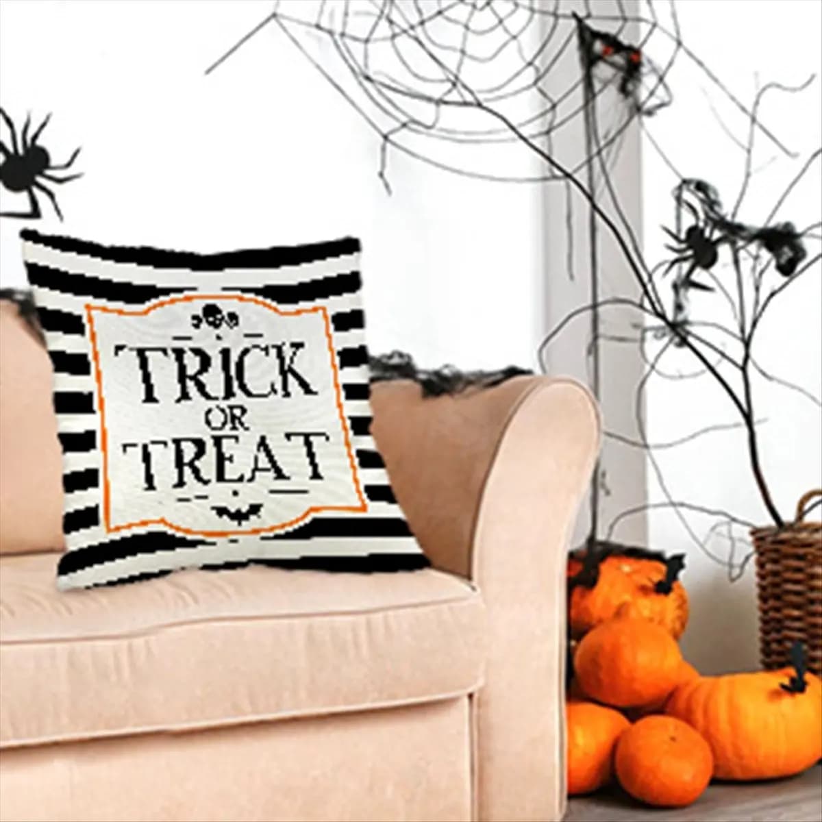 DT77 Pillow Covers 18x18 Inch Set of 4 Trick or Treat Pillow Covers Halloween Linen Sofa Bed Throw Cushion Cover Decoration