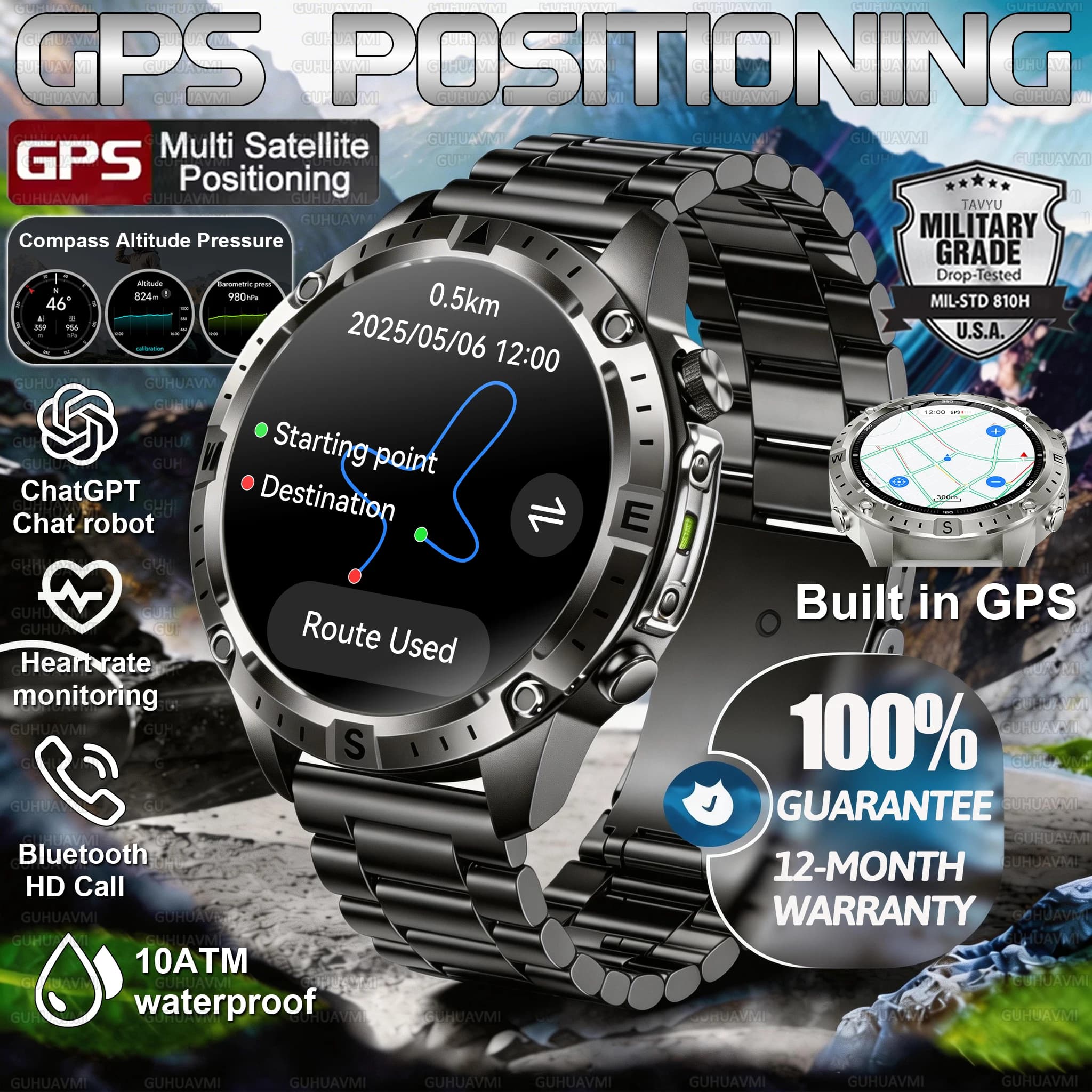 Nuovo Smartwatch 2026 di Grado Militare con GPS, Mappe Offline, Bussola, Cardiofrequenzimetro, Impermeabile 10ATM, Chiamate Bluetooth HD