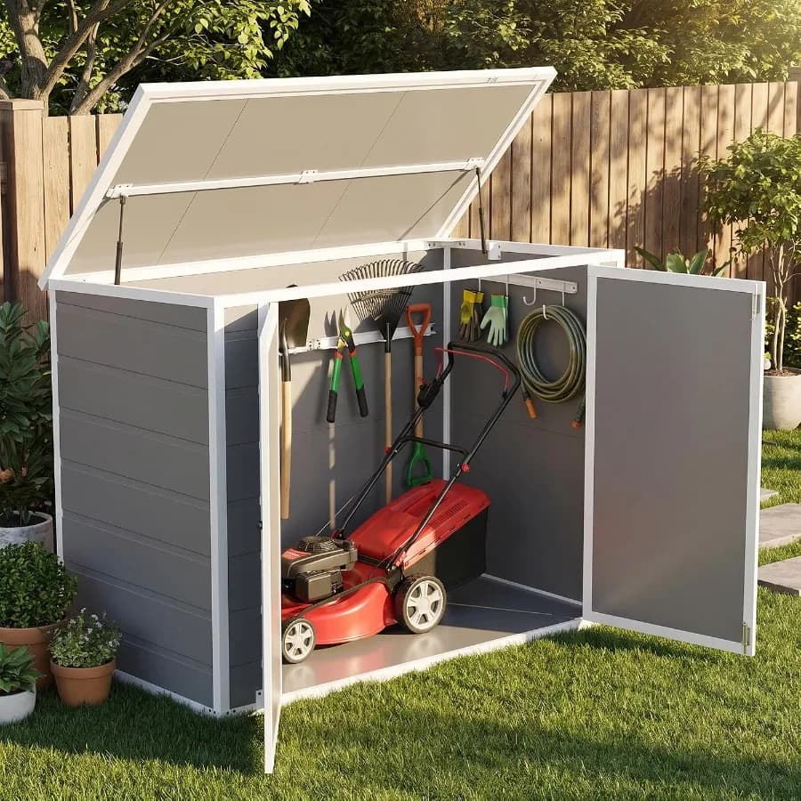 42 Cu Ft Resin Outdoor Storage Shed for Trash Cans Garden Tools Weather-Resistant, Gray, Lockable with Ventilation