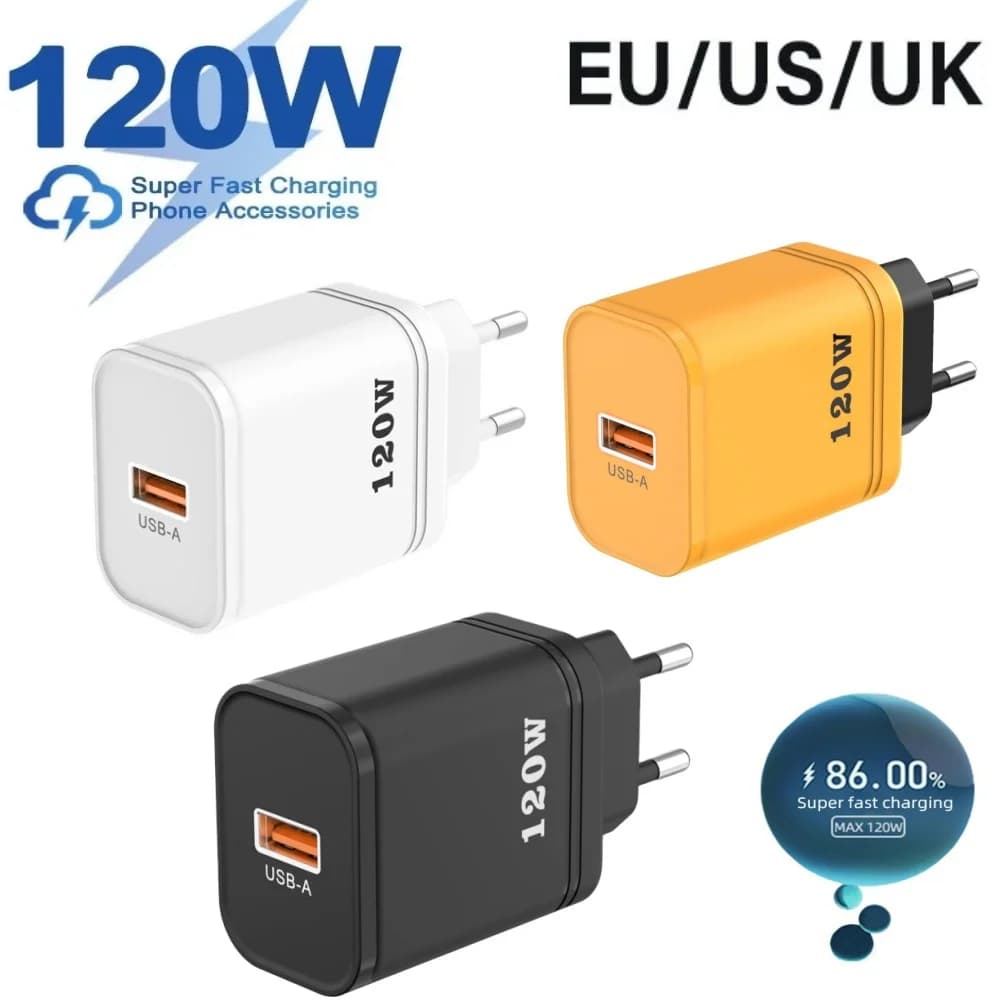 Caricatore USB da 120W, adattatore di alimentazione a ricarica rapida, Quick Charge 3.0, adattatore da parete per iPhone, Xiaomi, Huawei, con spina EU/US/UK, caricatore da viaggio.