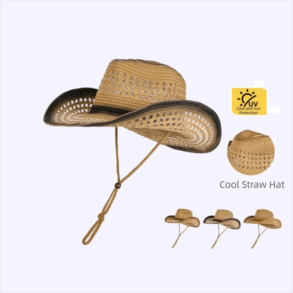Vintage Summer Sunscreen Straw Hat Ethnic Style Hollow Out Sun Hat Breathable Wide Brim Cowgirl Visor Cap Fedora Caps