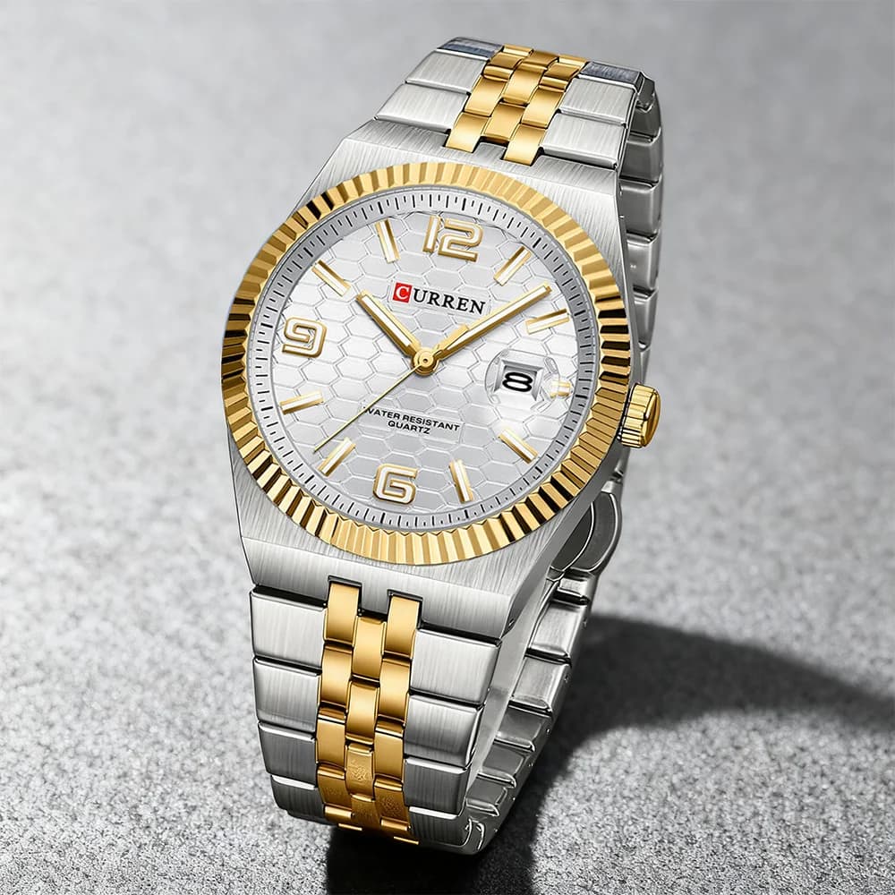 CURREN Elegant Men's Quartz Watch Two Tone Stainless Steel Strap Classic Round Dial With Luminous Hands Minimalist Design 8498
