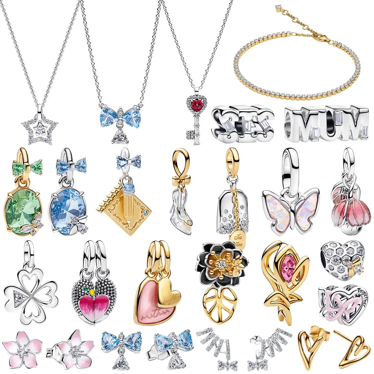 Collana con ciondolo a chiave stellata in argento S925, bracciale con gemma a fiocco blu, orecchini, ciondoli a forma di farfalla floreale, perline, gioielli con placcatura.