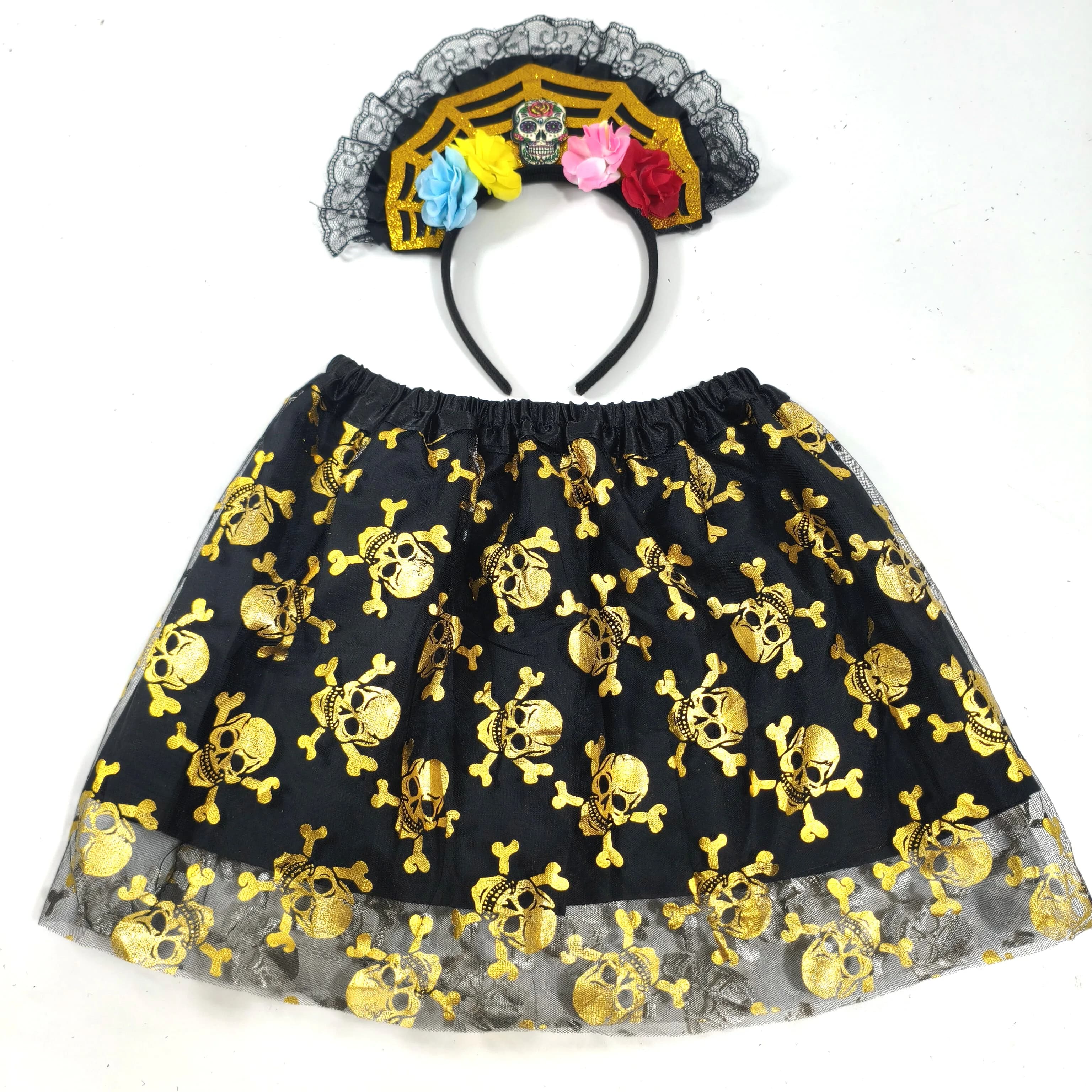 Kids' Halloween Costume Set: Skull Patterned Tulle Skirt & Floral Headband