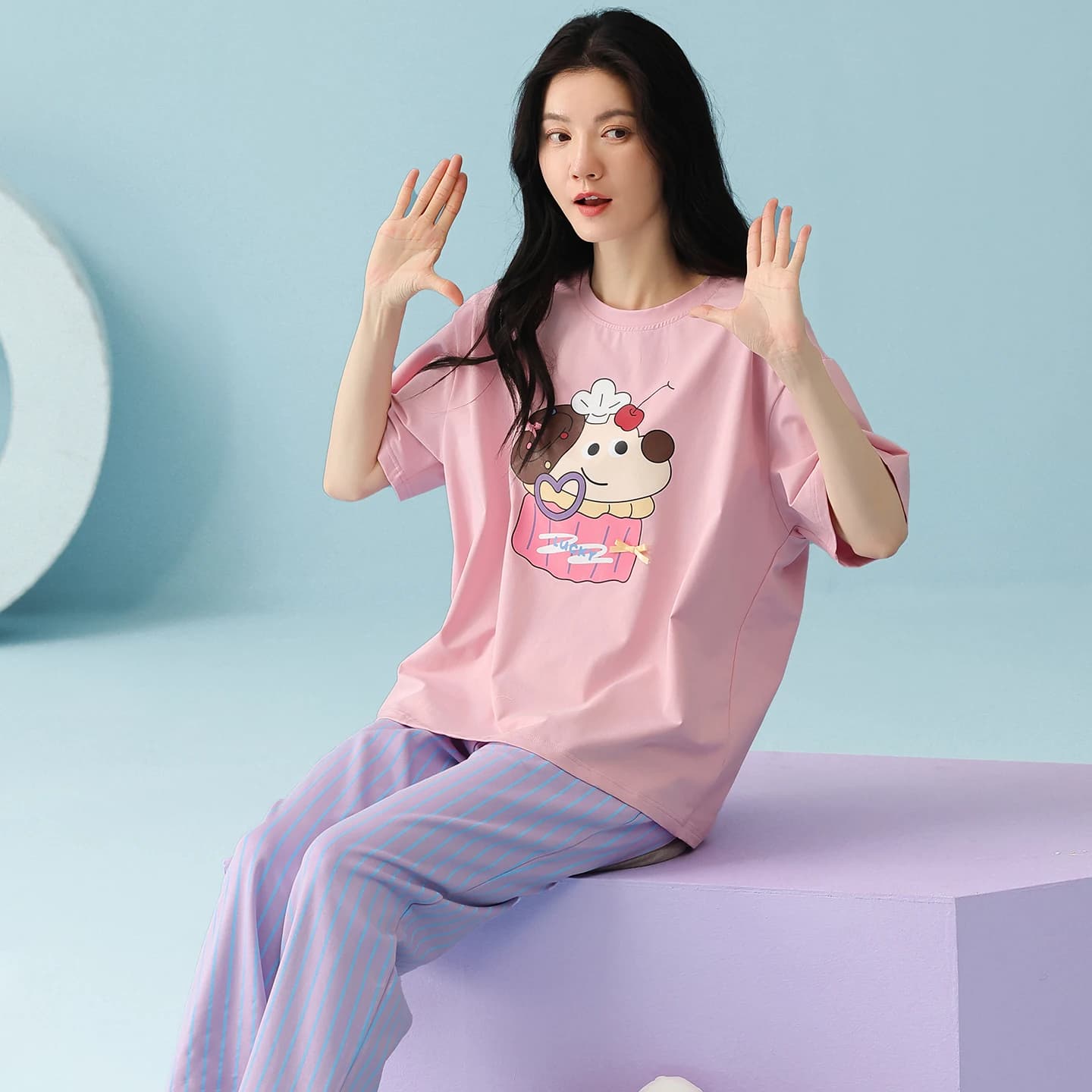 MiiOW 2Pcs Summer Cotton Women's Pajamas Set Skin-friendly Breathable Short Sleeve Woman Homewear Cute Printed Woman Sleepwear