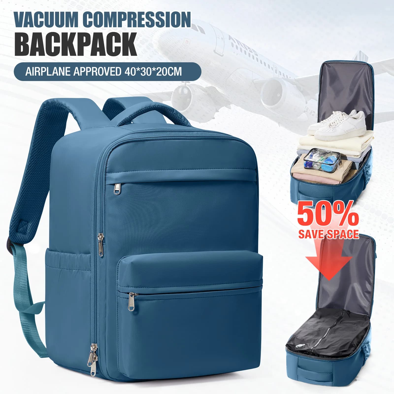 Zaino da viaggio a compressione sottovuoto, borsa per riporre i vestiti, zaino per aereo Ryanair 40x30x20 borsa da cabina per laptop, zaino universitario