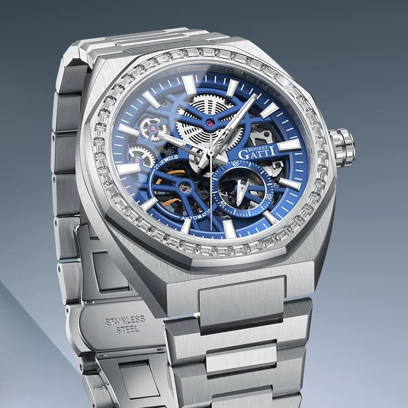 BONEST GATTI Automatic Mechanical Watch 316L Stainless Steel Sapphire Mirror Men Wristwatch 5ATM Waterproof Luminous Hollow Dial