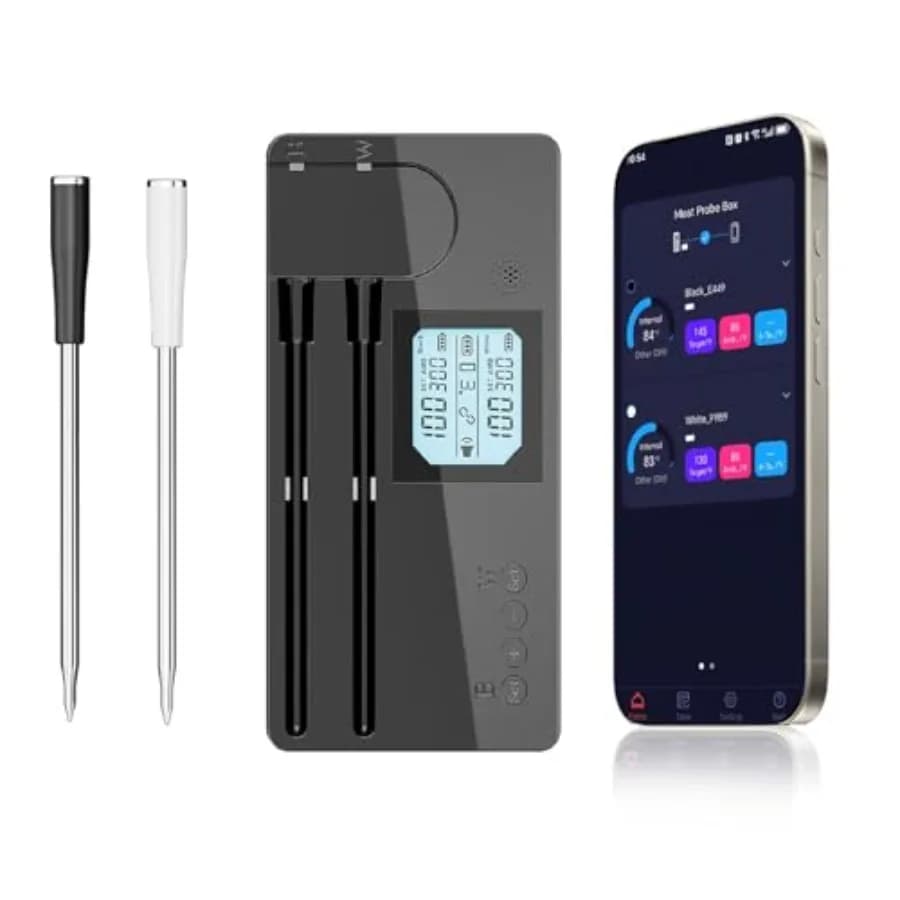 Intelligent Digital Wireless Thermometer for Meat with Double Round, Retroilluminated Large Display, 2 Integrated Sensors for BBQ, Oven and Smoker