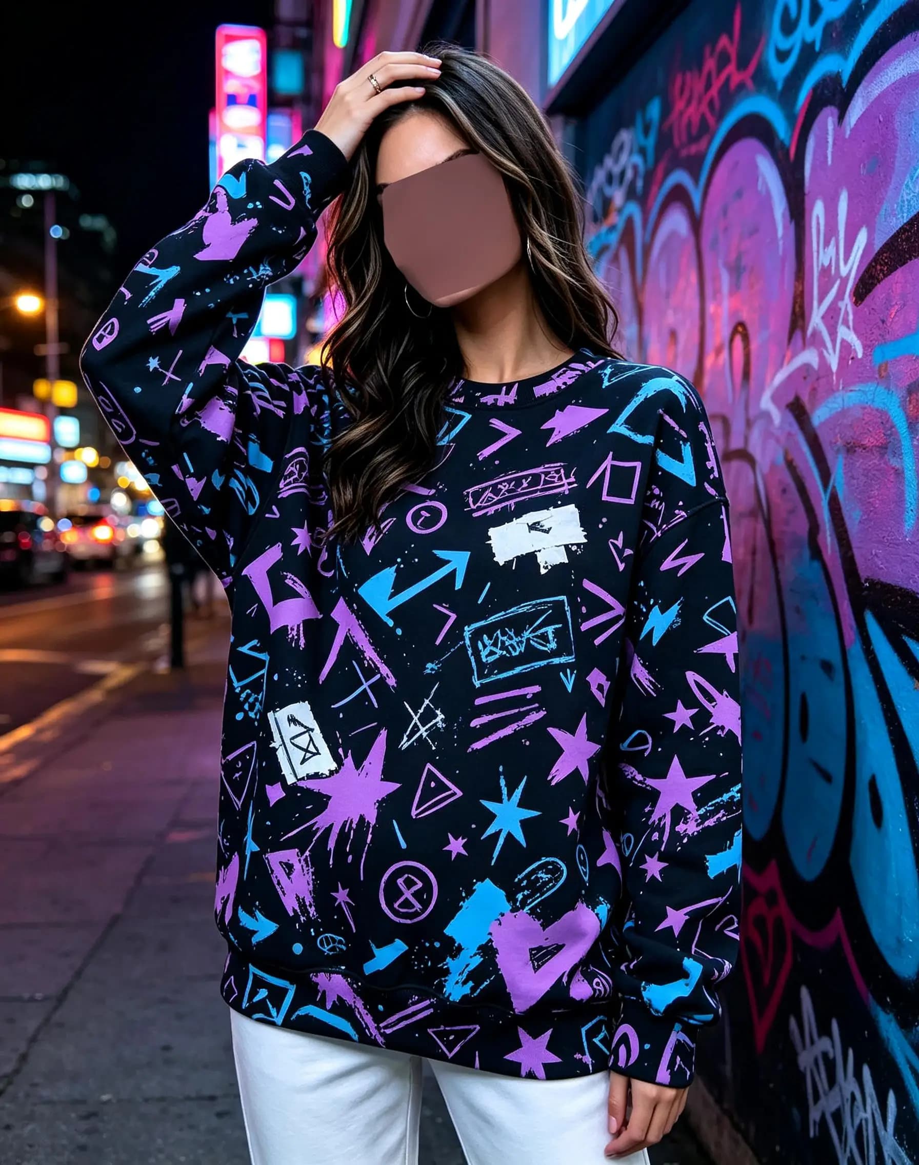 Women Crew Neck Fleece Sweatshirt Y2K Neon Graffiti Star Arrow Heart Lightning Print Long Sleeve Loose No Hood Warm Pullover