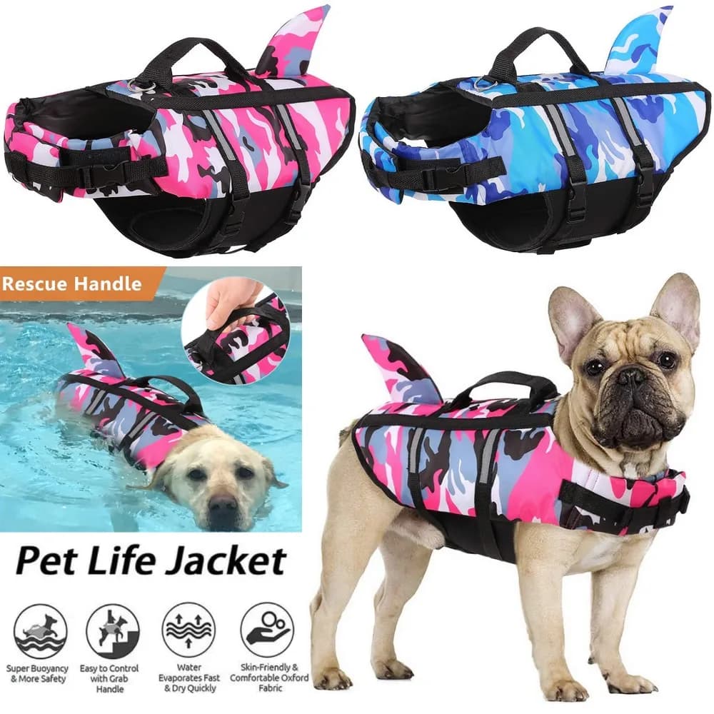 Giubbotto di salvataggio per cani da compagnia Gilet Abbigliamento Giubbotto di salvataggio Collare Imbracatura per cani da compagnia Nuoto Costumi da bagno estivi Vestiti Camouflage Shark Blu Fucsia