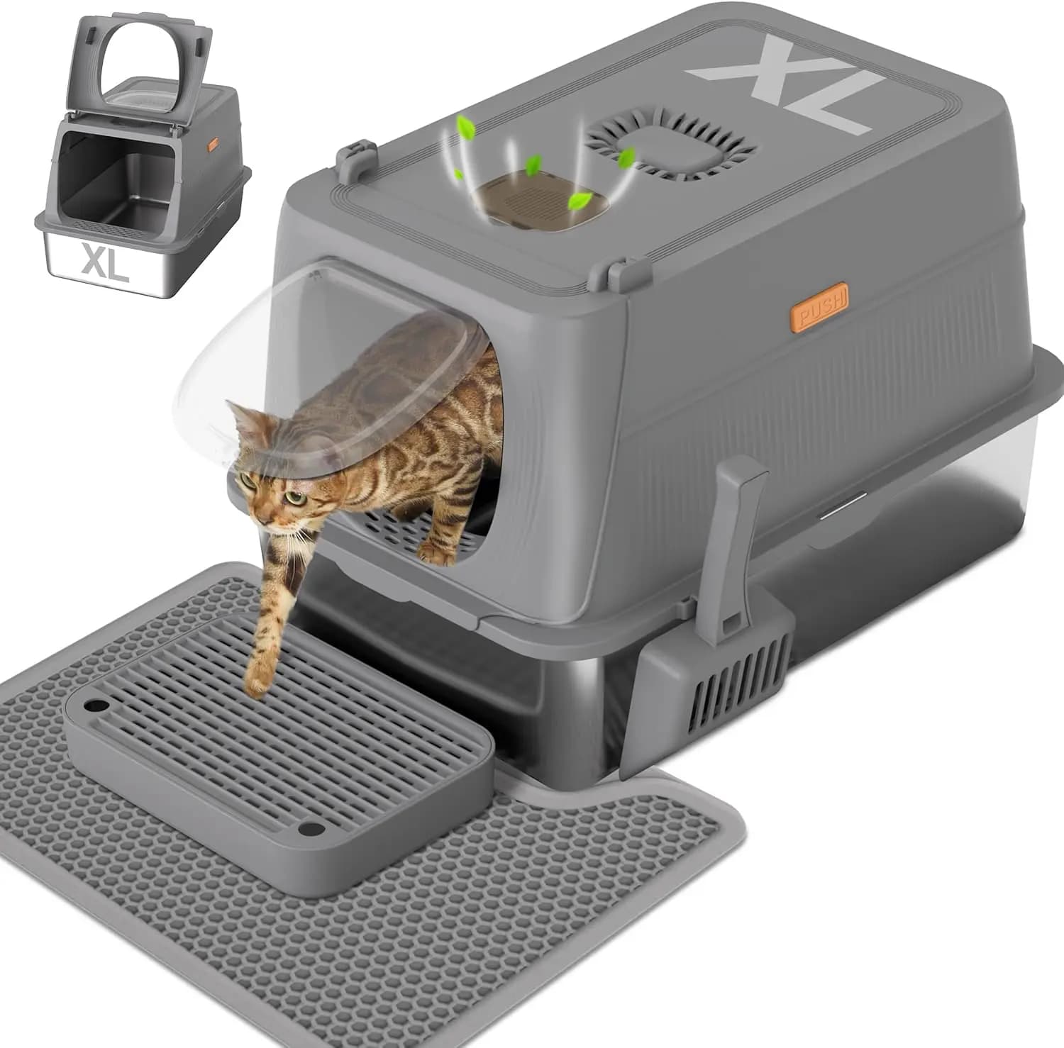 Lettiera per Gatti Extra Large in Acciaio Inossidabile con Coperchio, Paletta e Tappetino per Gatti Grandi, Antiaderente e Anti-Odore