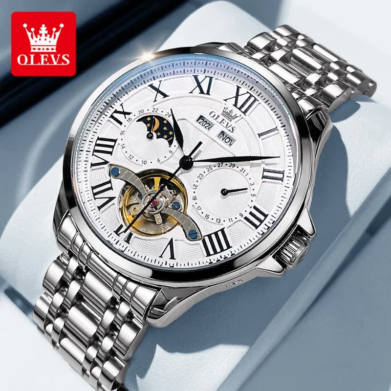 OLEVS 7013 Orologio da uomo di lusso con volano cavo Orologio meccanico da uomo in acciaio inossidabile 24 ore con fasi lunari Orologio automatico da uomo originale